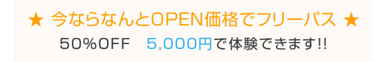 今ならなんとOPEN価格でフリーパス　　　　50％OFF　　　5000円で体験できます!!