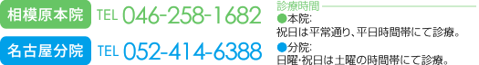 営業時間：[平日]AM8：00～12：00／PM15：30～20：00 [土曜]AM8：00～12：00／PM14：00～17：00 祝日は平常通り、平日時間帯にて診療。 年中無休 ホームページを見たとお伝えください 電話番号：046-258-1682 